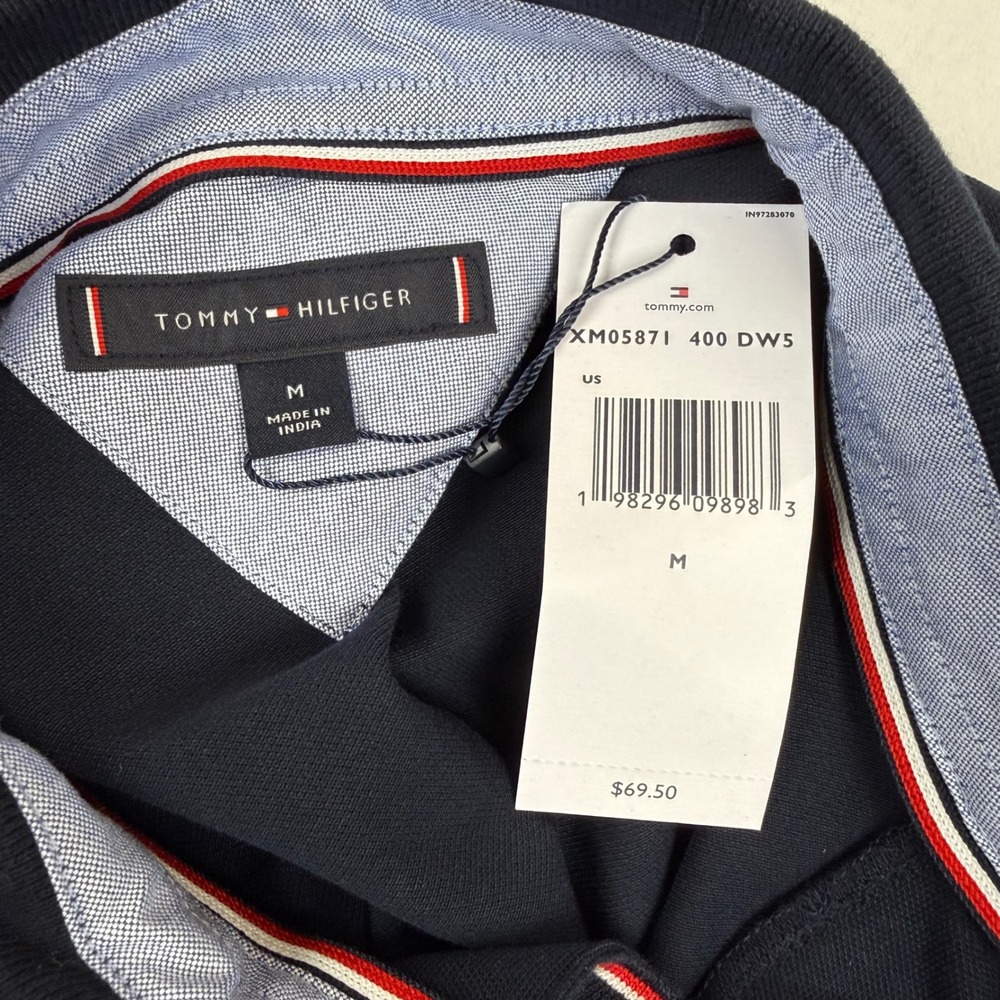 Tommy Hilfiger Mens Polo Shirt Navy Blue Tipped Collar XM05871 400 Medium NWT - Picture 4 of 10